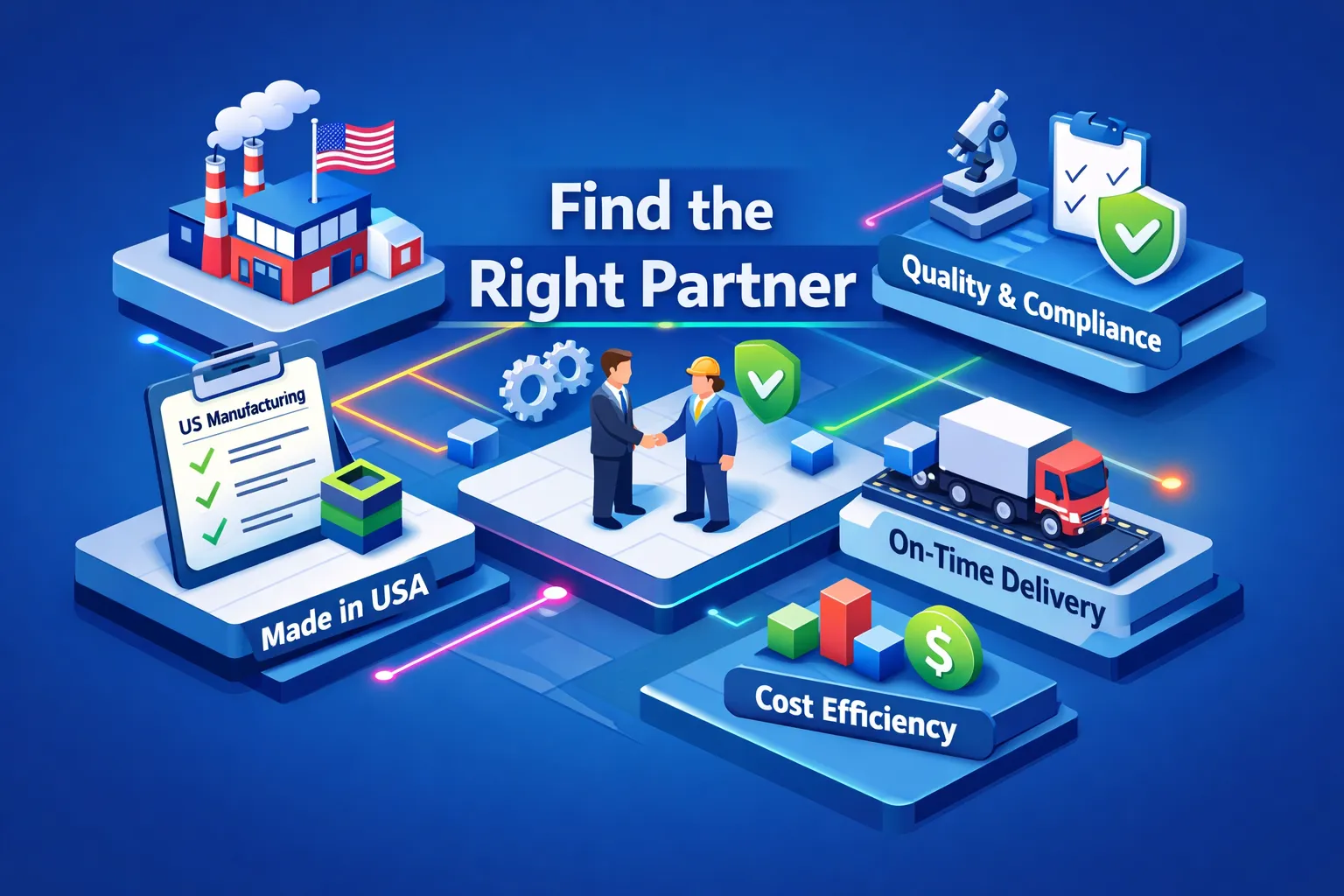 Illustration showing two businesspeople shaking hands, surrounded by icons for US manufacturing, quality and compliance, on-time delivery, cost efficiency, and text “Find the Right Partner” on a blue background.