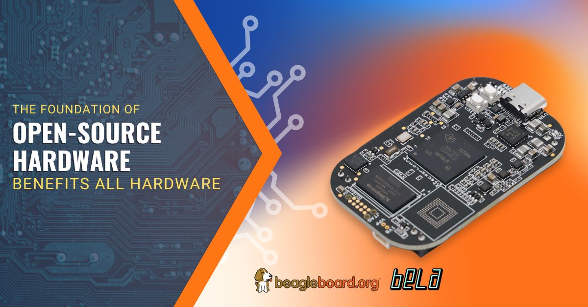 A black open-source hardware circuit board is shown on a vibrant blue and orange gradient background. Text reads: “The foundation of open-source hardware benefits all hardware.” Beagleboard.org and Bela logos appear at the bottom.