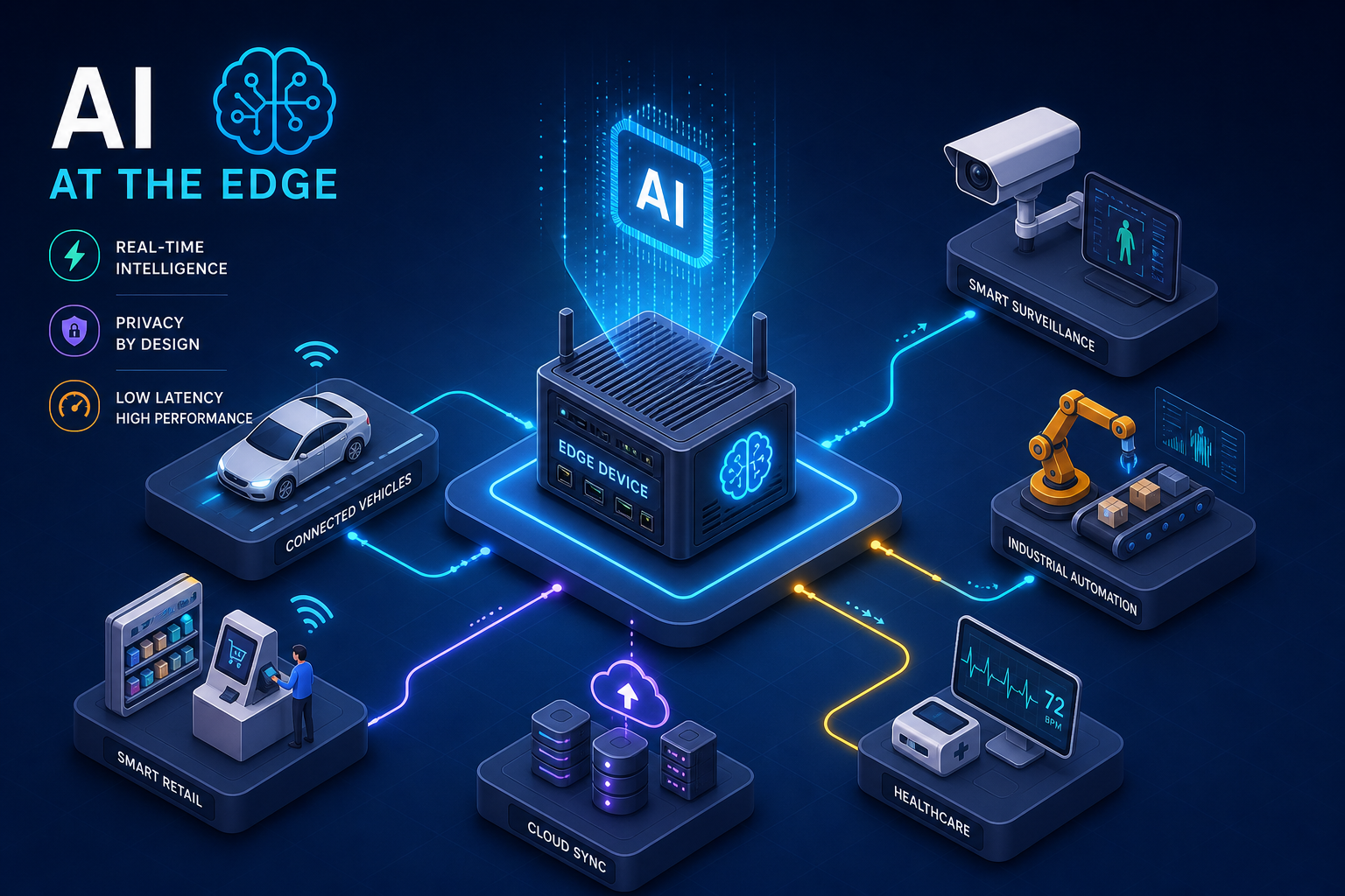 A central AI edge device connects to icons representing smart retail, connected vehicles, cloud sync, healthcare, industrial automation, and smart surveillance, illustrating AI applications at the edge. Text highlights AI’s key benefits.