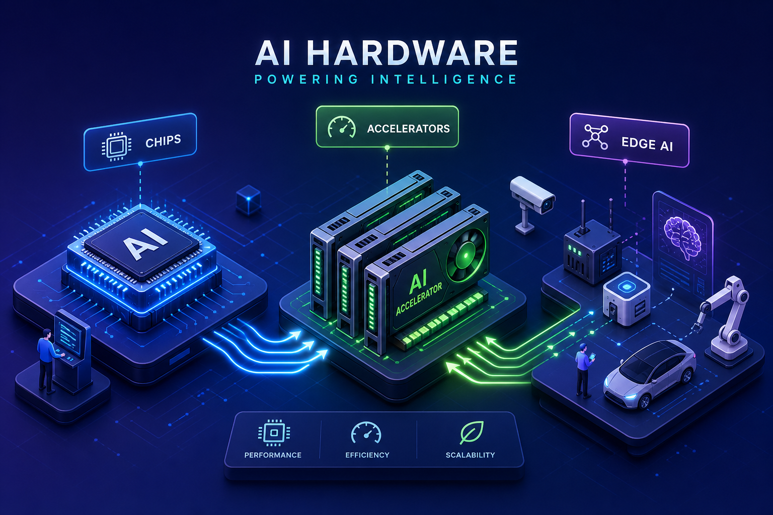 Futuristic illustration of AI hardware components, including chips, accelerators, and edge AI devices, connected by glowing lines; visuals highlight performance, efficiency, and scalability benefits.