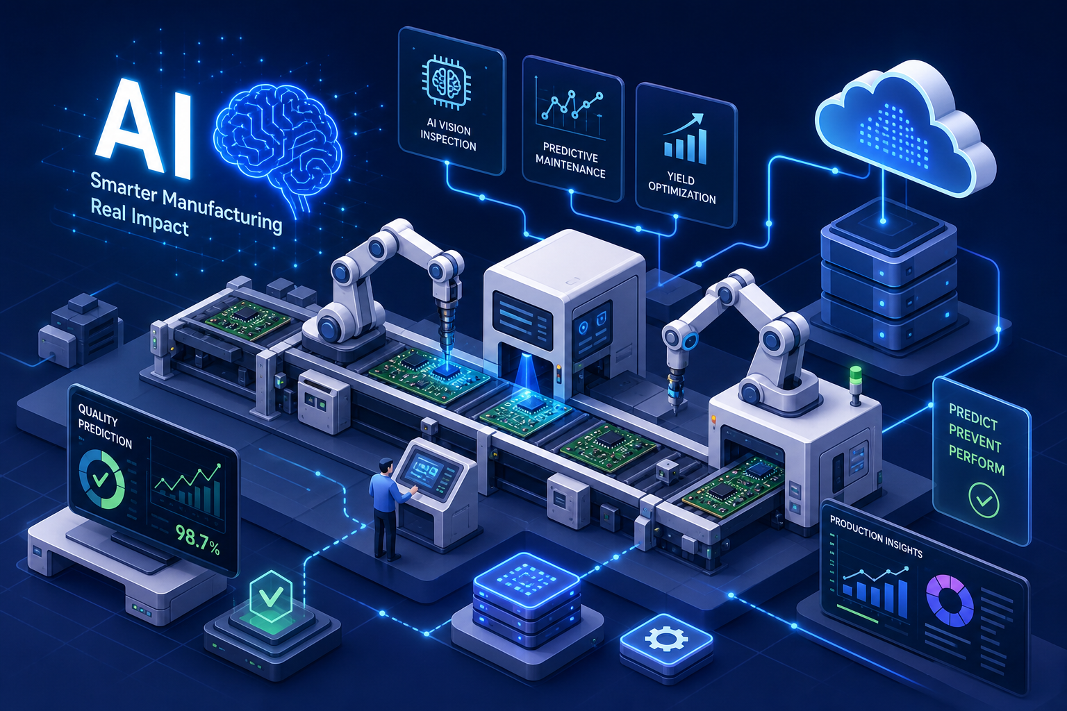 A futuristic factory with robotic arms assembling electronics on a conveyor, surrounded by digital screens showing AI-driven data for quality prediction, yield optimization, and cloud connectivity in smarter manufacturing.