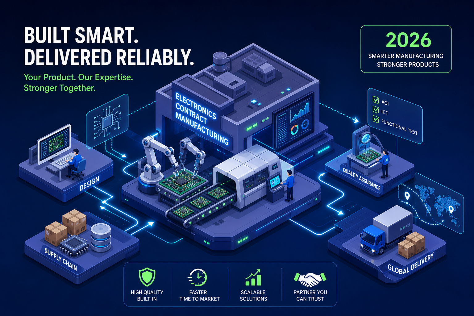 A futuristic electronics manufacturing facility diagram with robotic arms, quality assurance, supply chain, design, and global delivery icons connected by digital lines. The text highlights reliability, expertise, and goals for 2026.