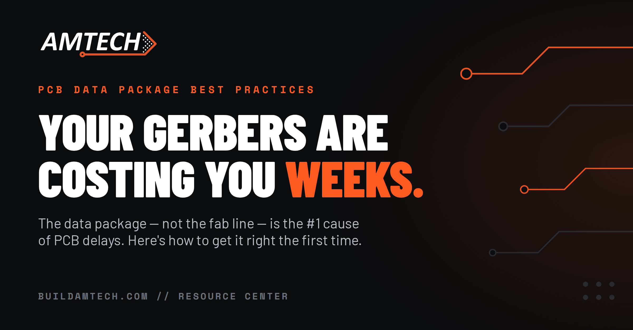 AMTECH ad with circuit graphics reads: Your Gerbers are costing you weeks. The data package—not the fab line—is the #1 cause of PCB delays. Here’s how to get it right the first time.
