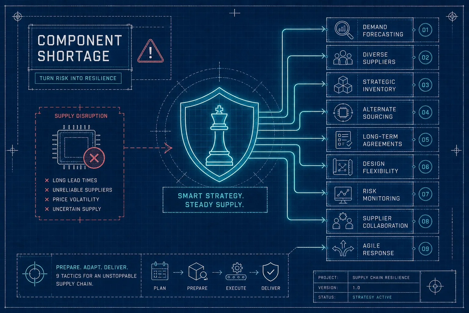 Infographic showing component shortage management. Central shield with chess piece connects to solutions like demand forecasting, agile response, and strategic inventory. Left side highlights risks: long lead times, unreliable suppliers, and price volatility.
