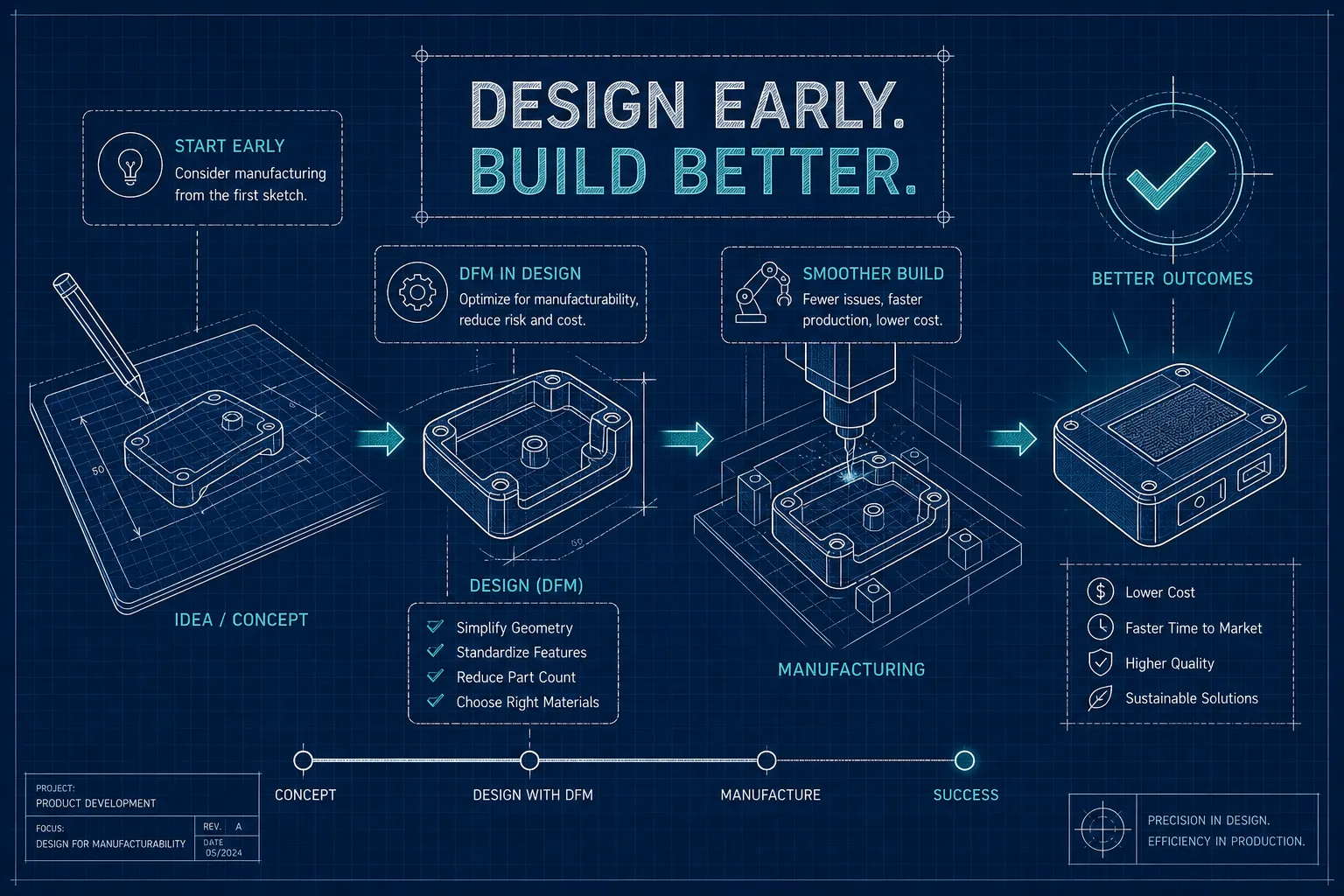 Blueprint-style infographic showing the stages of product development: idea/concept, design, manufacturing, and achieving better outcomes. Includes icons for DFM, smoother builds, and benefits like lower cost and faster time to market.