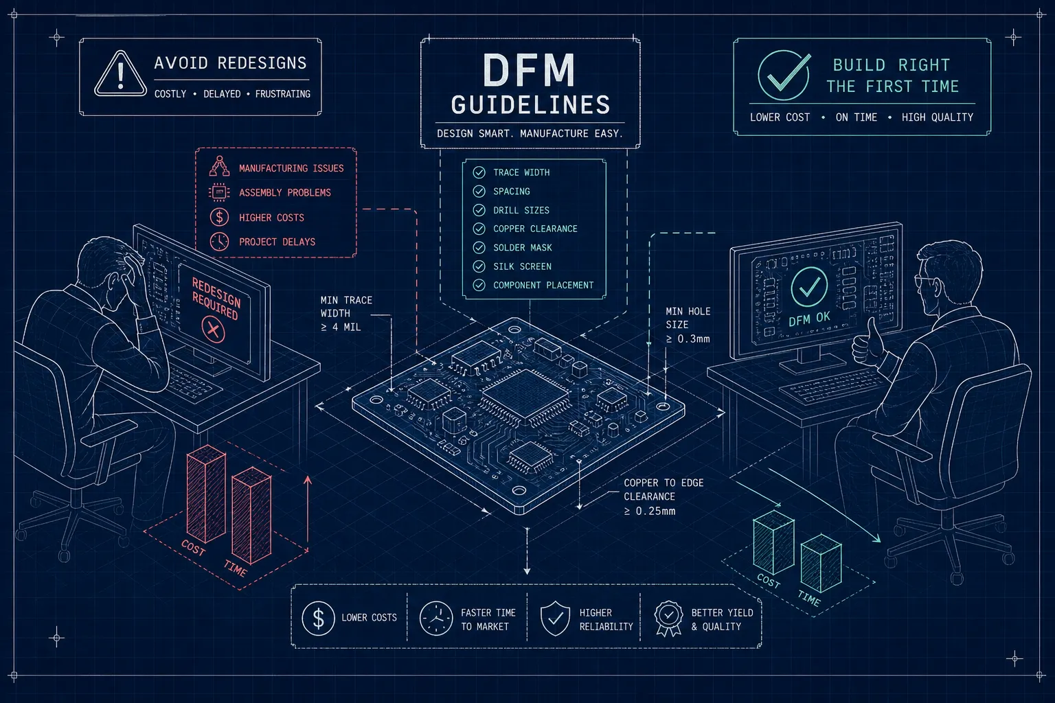 A blueprint-style infographic compares two engineers: one facing design issues and delays, the other succeeding by following DFM (Design for Manufacturability) guidelines for better cost, speed, and quality in manufacturing.