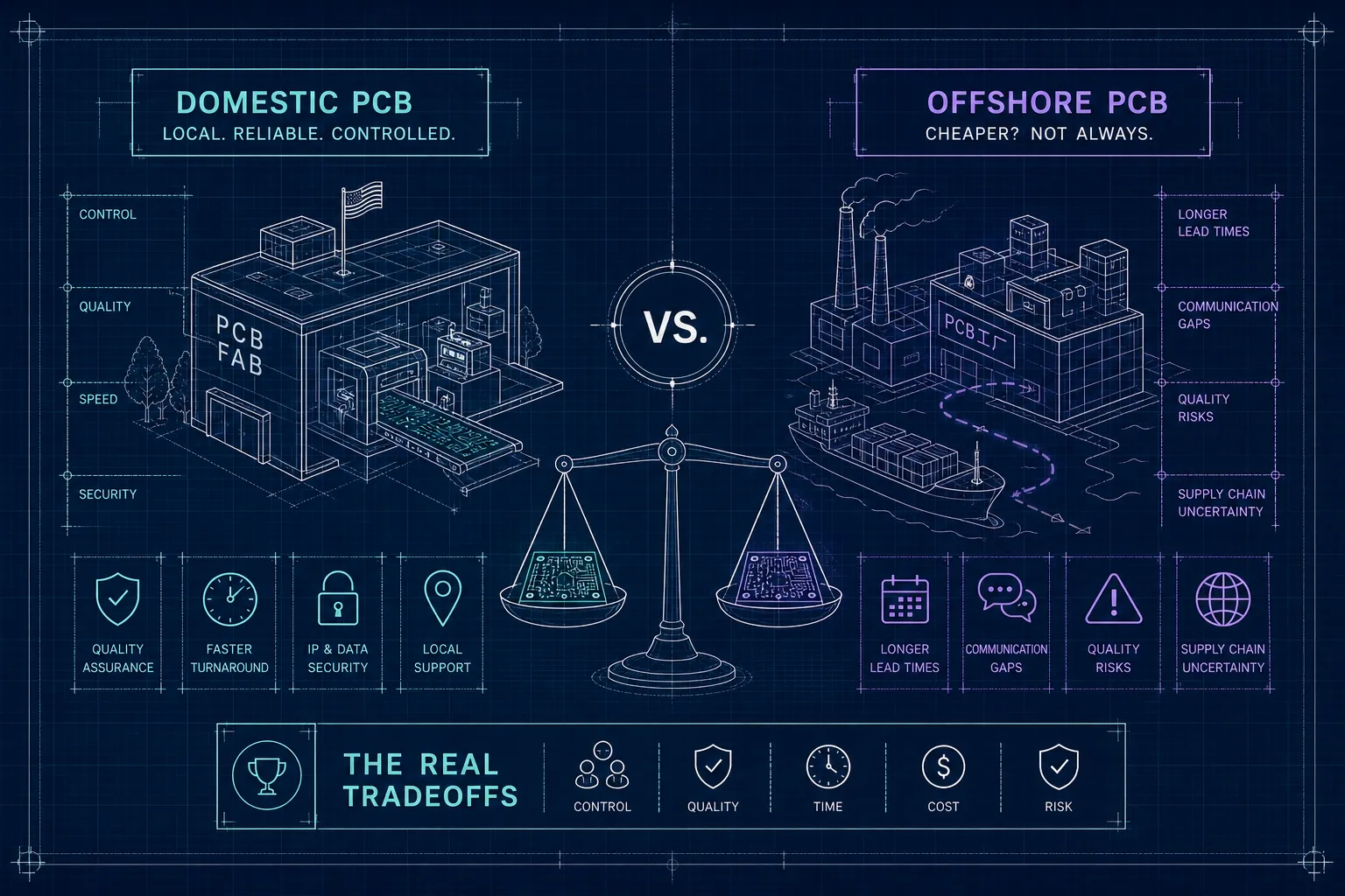 Blueprint-style infographic comparing domestic and offshore PCB manufacturing. Domestic PCB offers reliability and control, while offshore PCB has longer lead times and risks. A scale in the center highlights tradeoffs in quality, time, cost, and risk.
