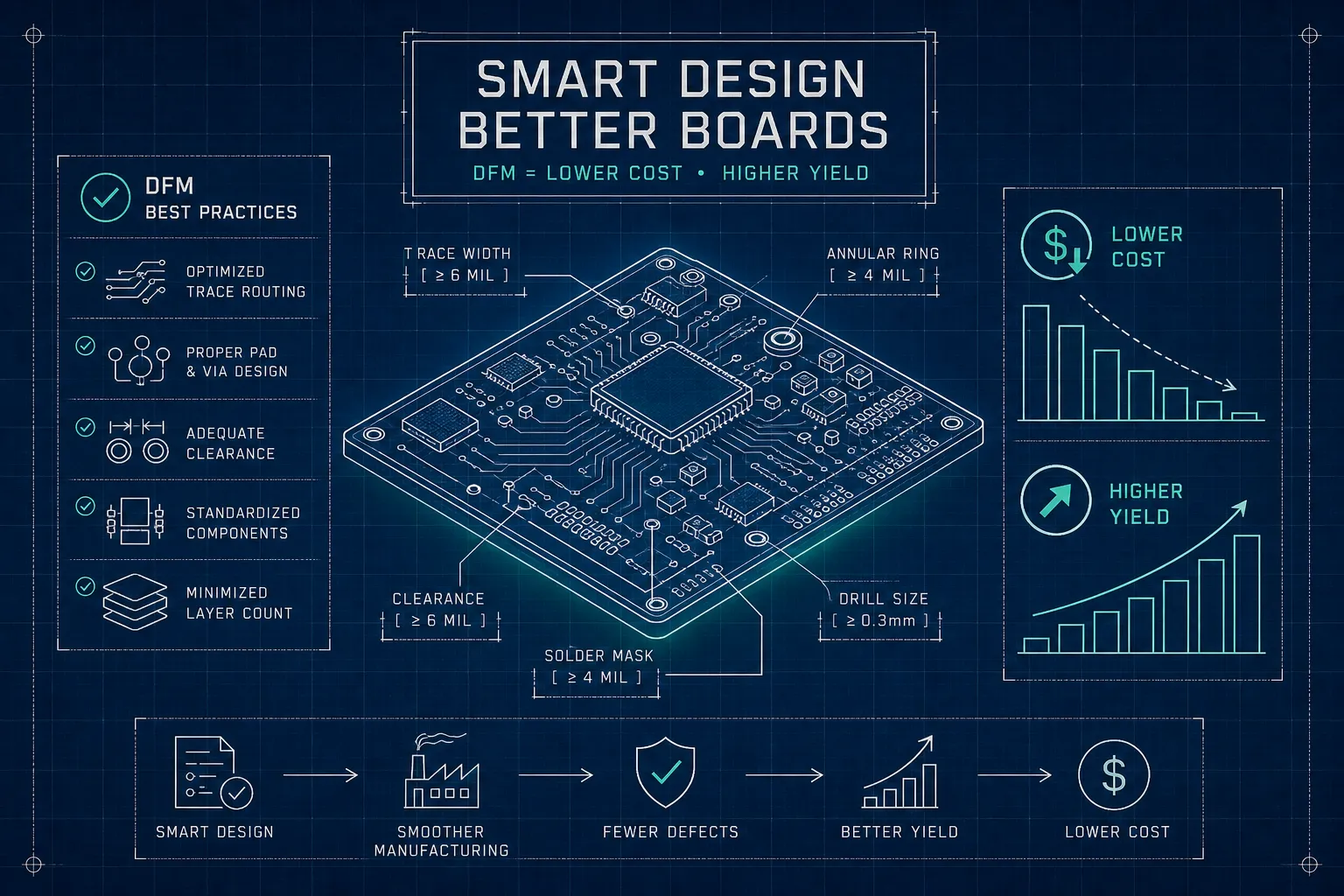A blueprint-style infographic illustrates best practices for smart PCB design, showing a circuit board diagram in the center with tips, design metrics, flowcharts, and graphs depicting cost reduction and higher yield benefits.