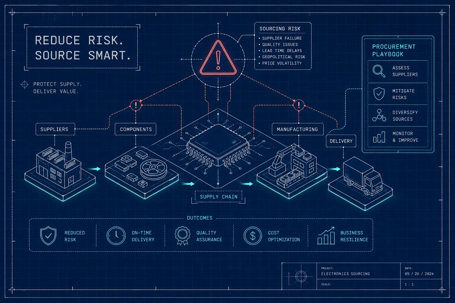A blueprint-style infographic shows a supply chain process, highlighting risk sources, outcomes like reduced risk and cost optimization, and steps such as suppliers, components, manufacturing, and delivery. Central warning symbol indicates risks.