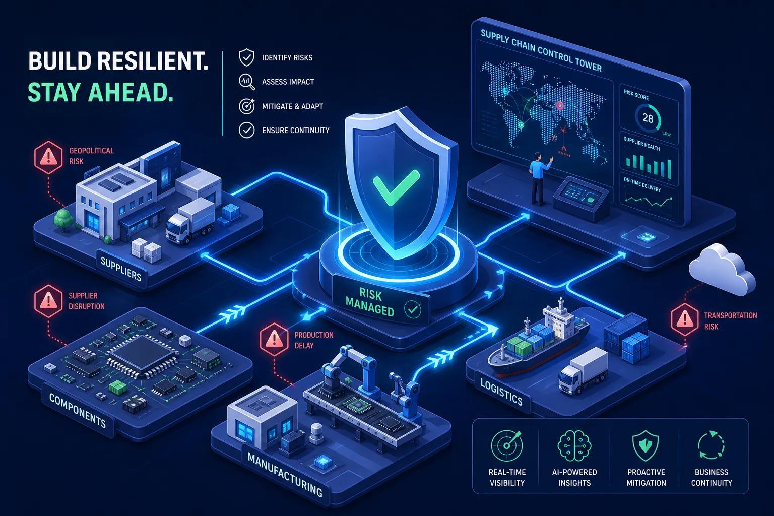 Illustration of a digital supply chain network with icons for suppliers, manufacturing, logistics, and components connected to a central shield labeled Risk Managed. Highlighted risks include geopolitical, supplier, and transportation disruptions.