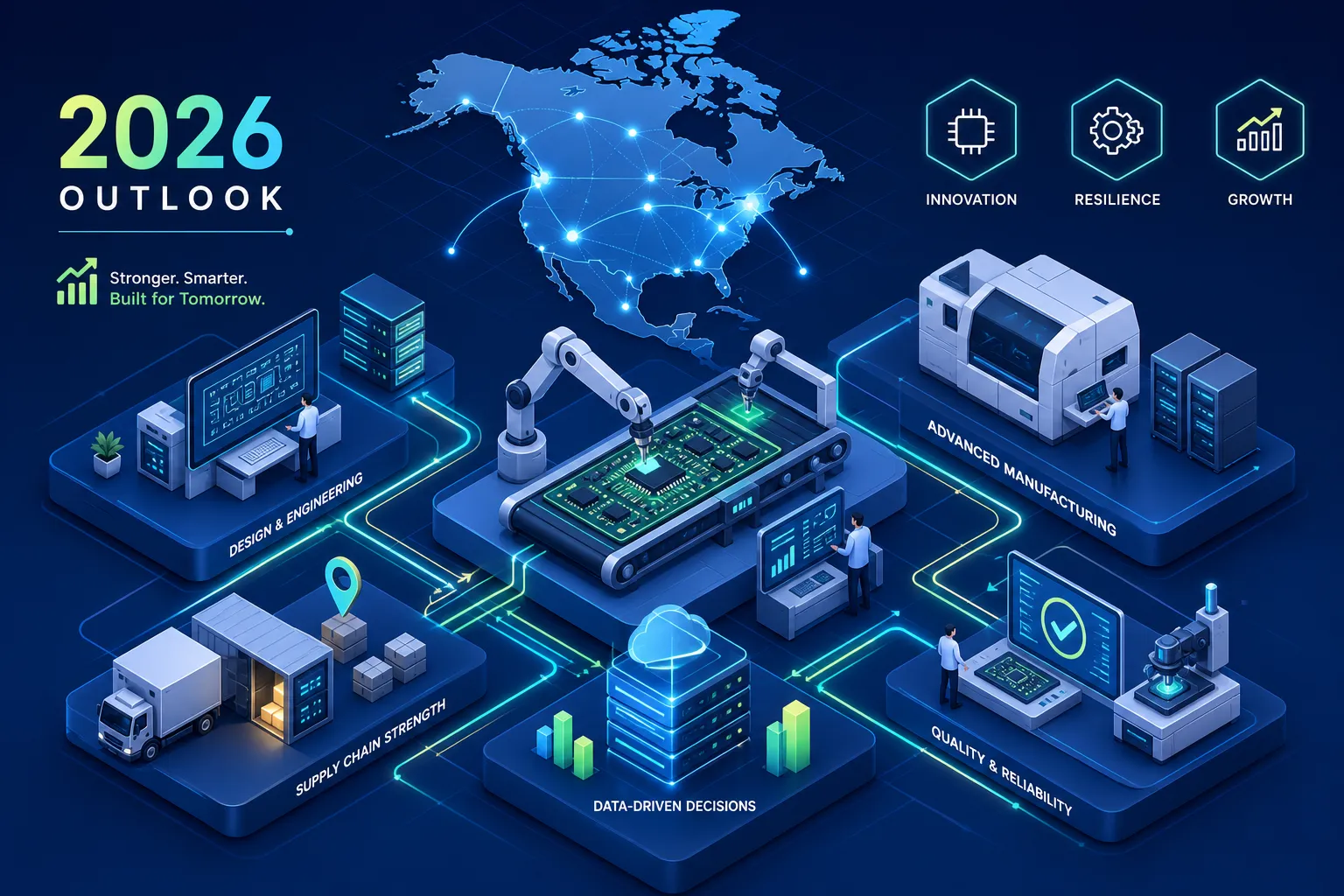 Futuristic infographic showing a 2026 outlook for industry, with digital icons for innovation, resilience, and growth. Includes illustrations of engineering, manufacturing, supply chain, data, and quality systems connected by networks.