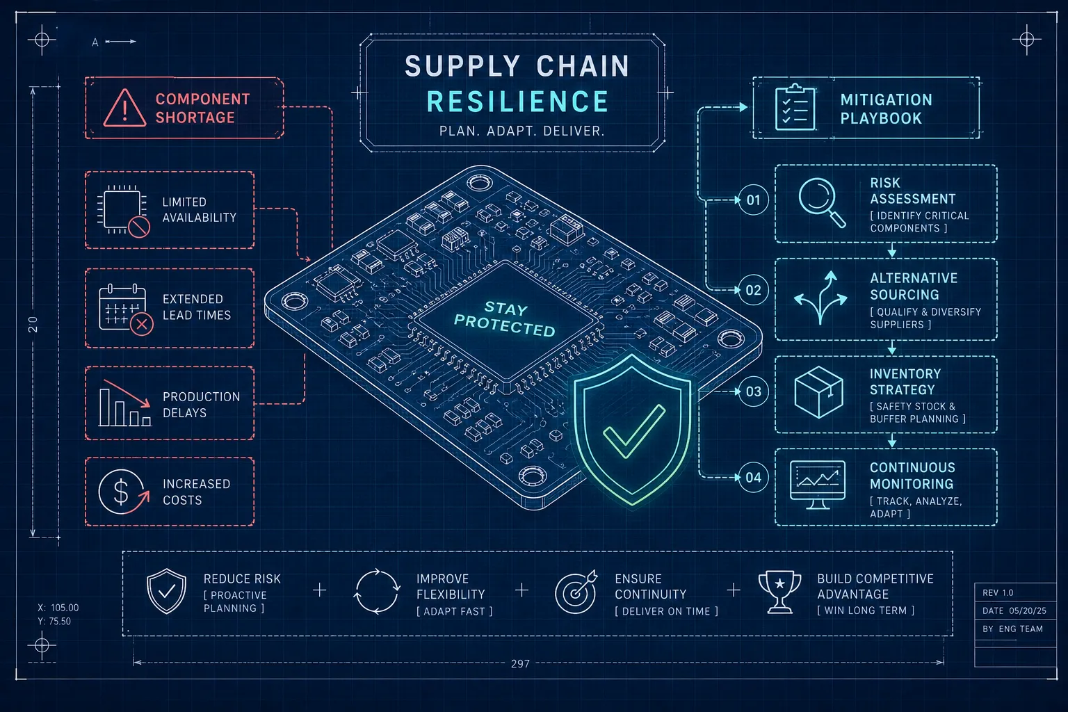 A blueprint-style infographic titled “Supply Chain Resilience” shows a central computer chip labeled “Stay Protected,” surrounded by risks (left) like component shortage and solutions (right) such as risk assessment and continuous monitoring.
