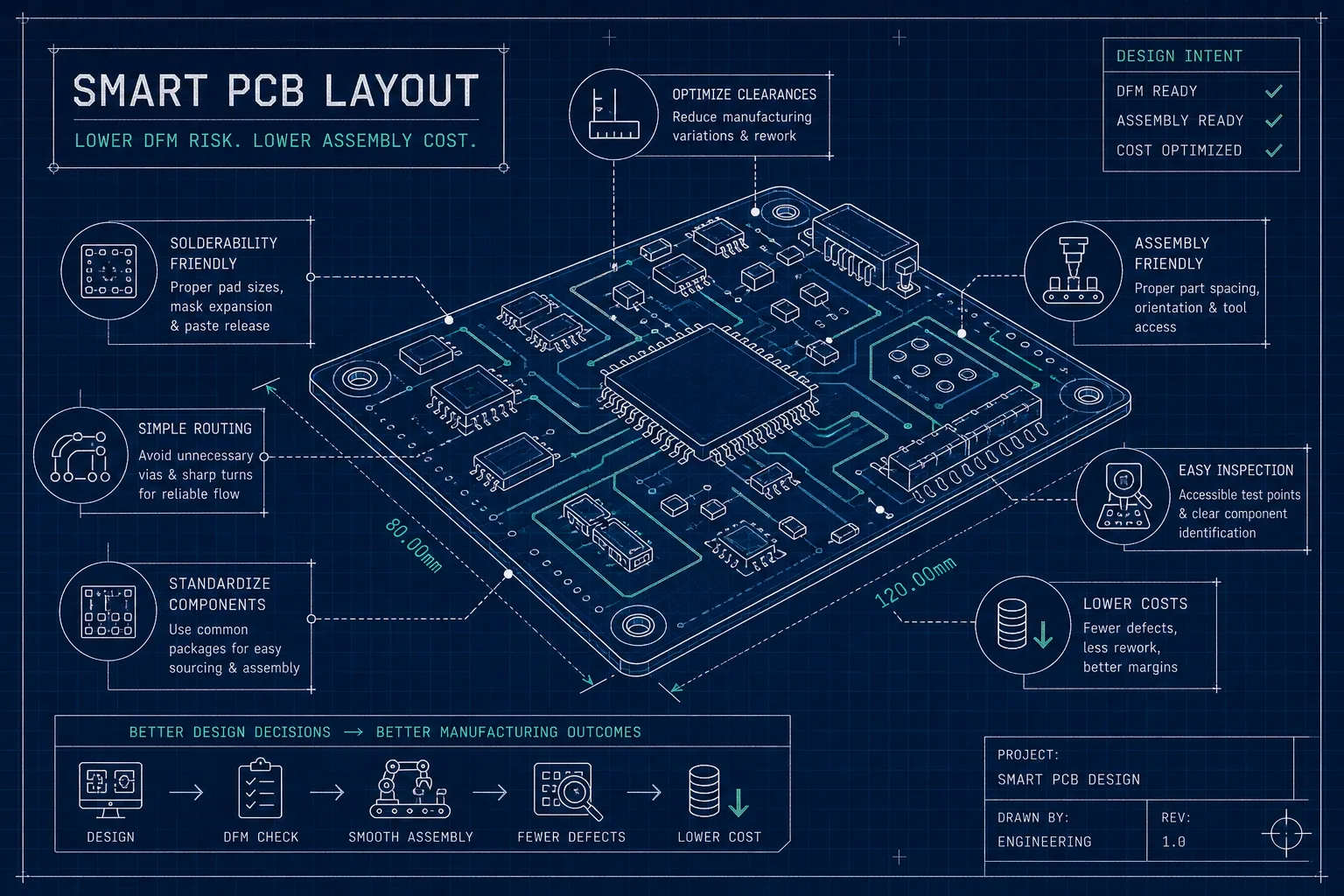 A blueprint-style diagram titled Smart PCB Layout shows a detailed PCB with annotated design benefits like optimized clearances, simple routing, lower cost, solderability, and easy inspection. Icons highlight key advantages.