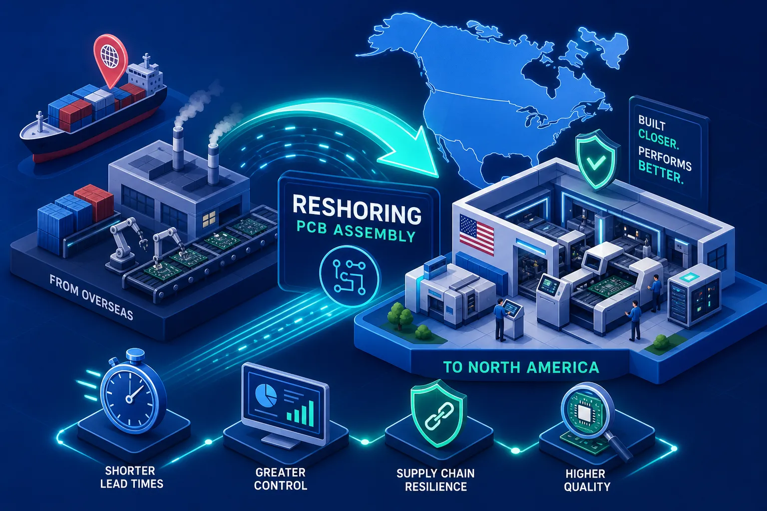 Infographic showing reshoring PCB assembly from overseas to North America, highlighting benefits such as shorter lead times, greater control, supply chain resilience, and higher quality, with relevant icons and illustrations.
