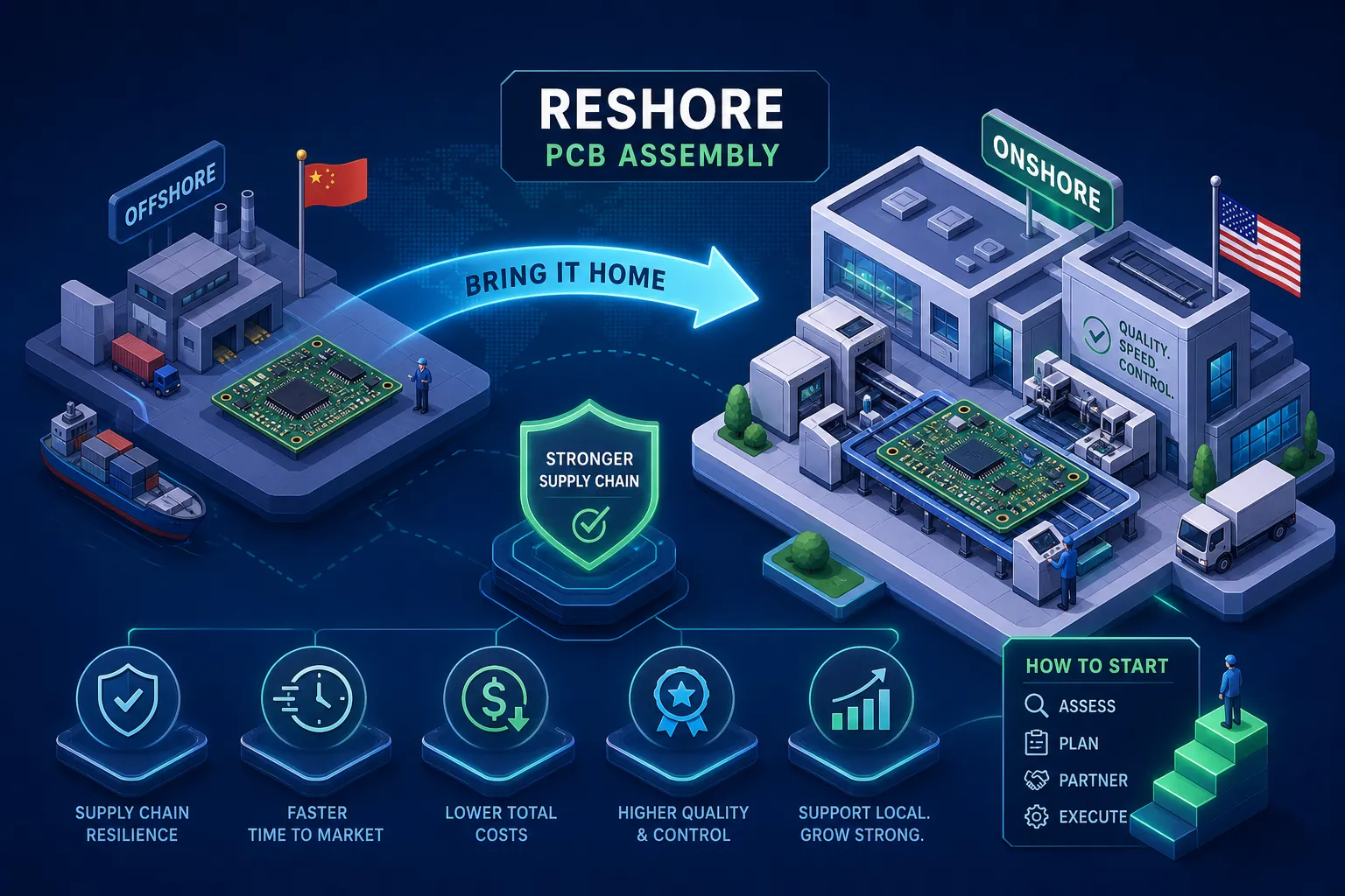 Illustration showing PCB assembly shifting from offshore (China) to onshore (USA), highlighting benefits like stronger supply chain, lower costs, faster time to market, and higher quality, with icons and workflow steps.