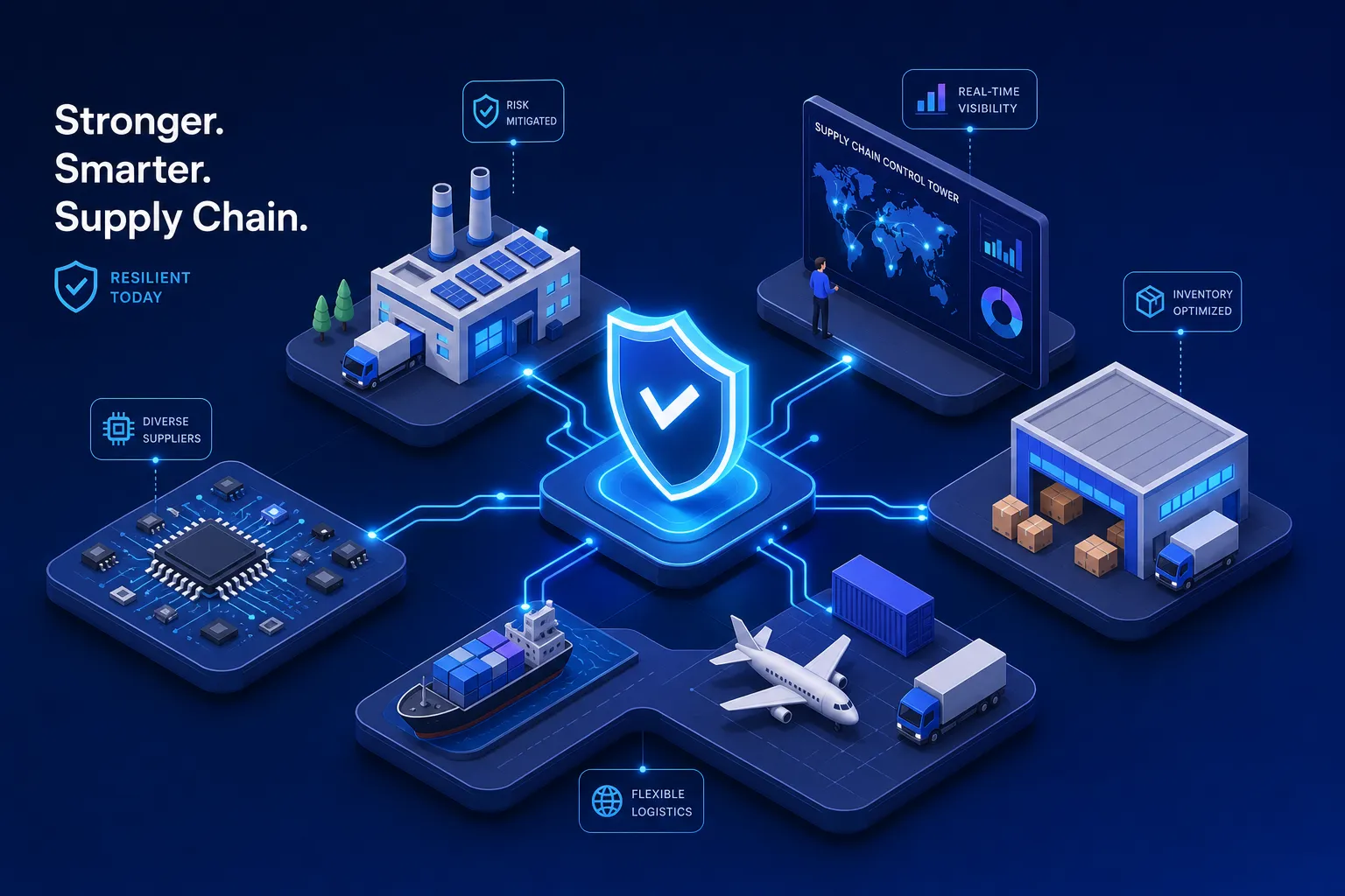 Isometric illustration of a secure supply chain network, showing factories, warehouses, trucks, ships, and planes connected by digital lines, with icons for risk mitigation, inventory, logistics, diverse suppliers, and real-time visibility.