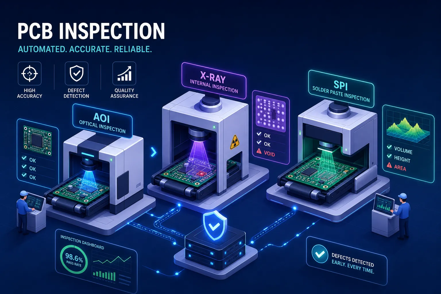 Three machines labeled AOI, X-Ray, and SPI inspect PCBs, showing digital display panels with graphs and check marks. Two engineers monitor results, with text highlighting accuracy, defect detection, and quality assurance.