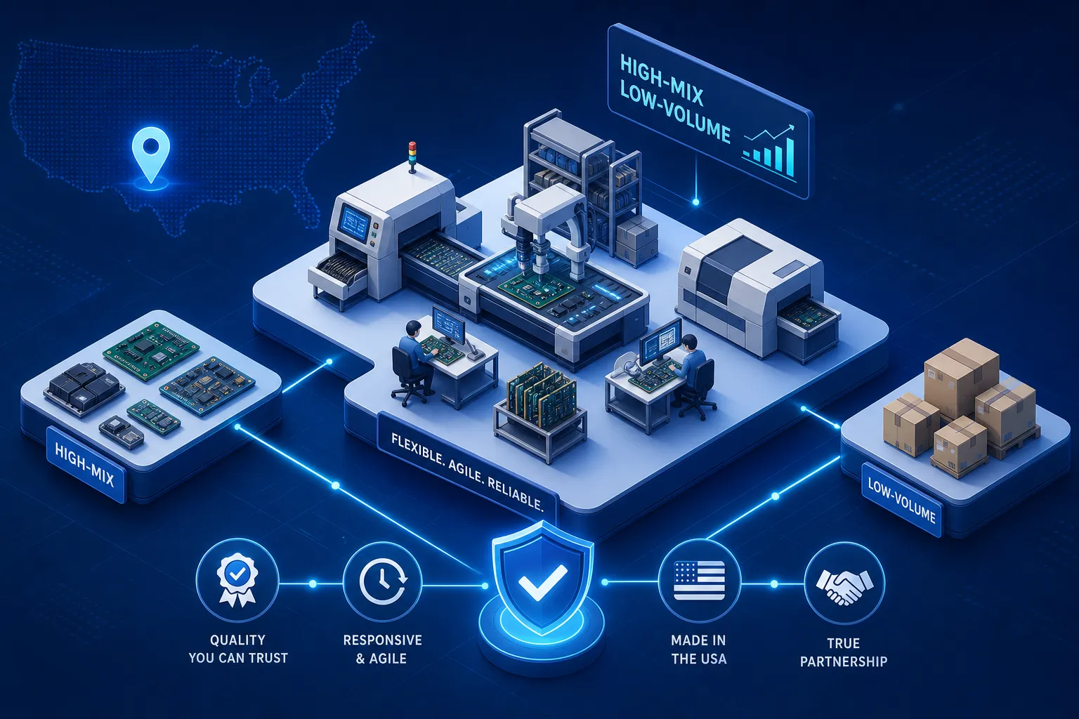Isometric illustration of a high-tech manufacturing facility with computers, circuit boards, boxes, and icons highlighting quality, agility, USA-made products, and partnerships. A US map pinpoints the location.
