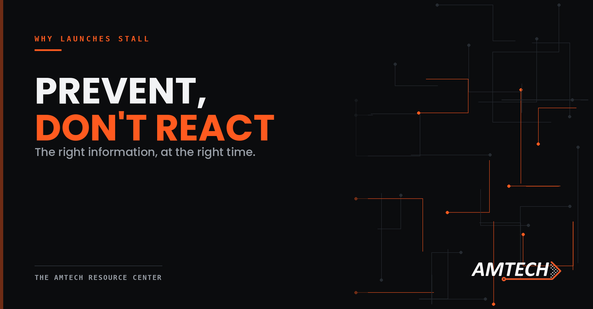 Dark graphic with the text: Prevent, dont react. The right information, at the right time. Abstract lines and dots on the right. AMTECH and THE AMTECH RESOURCE CENTER logos appear. Orange and white on black background.