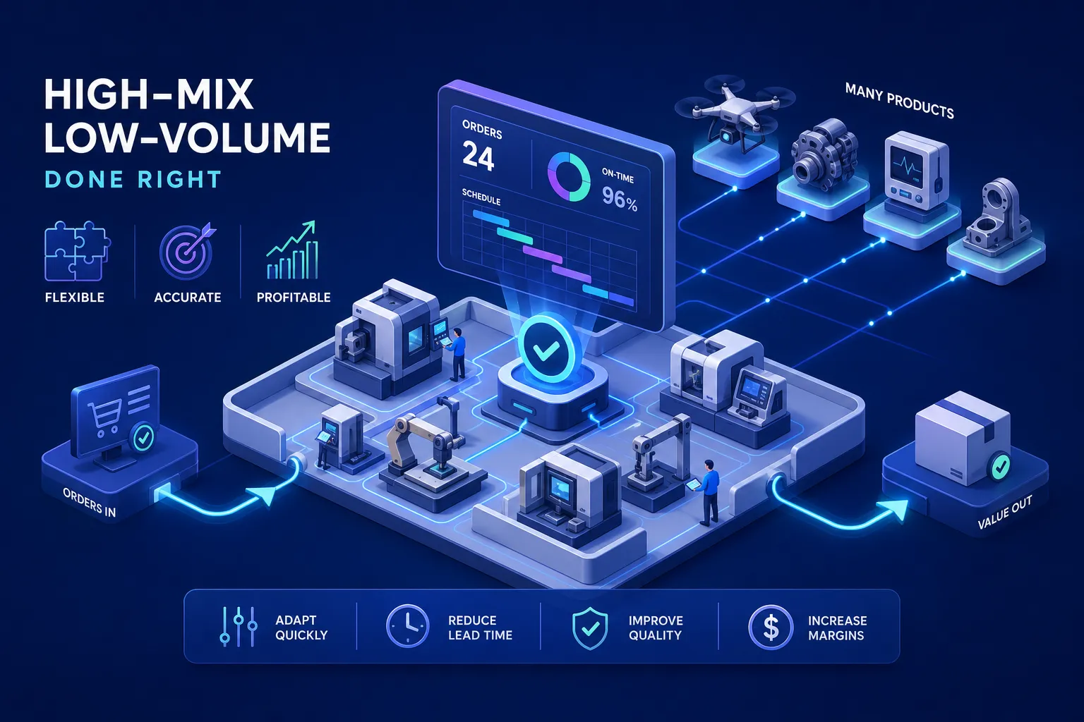 A digital illustration shows a high-mix, low-volume manufacturing process with icons for flexible, accurate, and profitable production, orders, value output, robotics, drones, cameras, and key benefits like quality improvement and margin increase.
