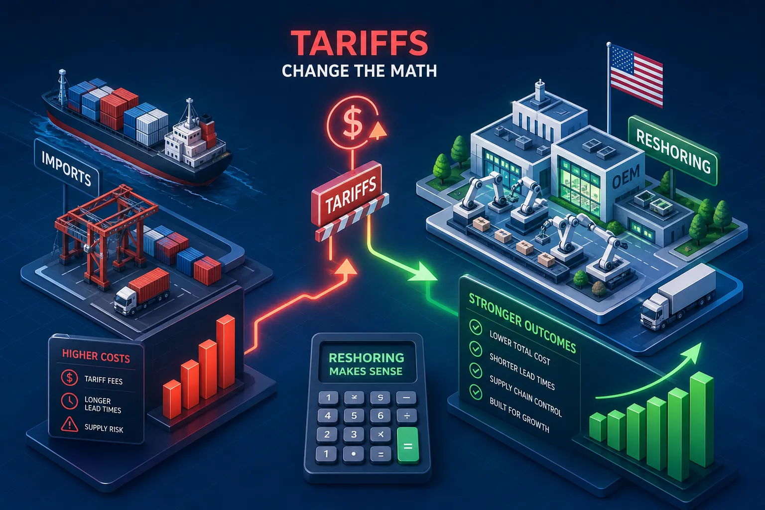 Infographic showing how tariffs increase import costs, leading to reshoring manufacturing in the US. Imports have higher fees and risks; reshoring offers lower costs, faster lead times, better control, and growth, shown with rising green bars.
