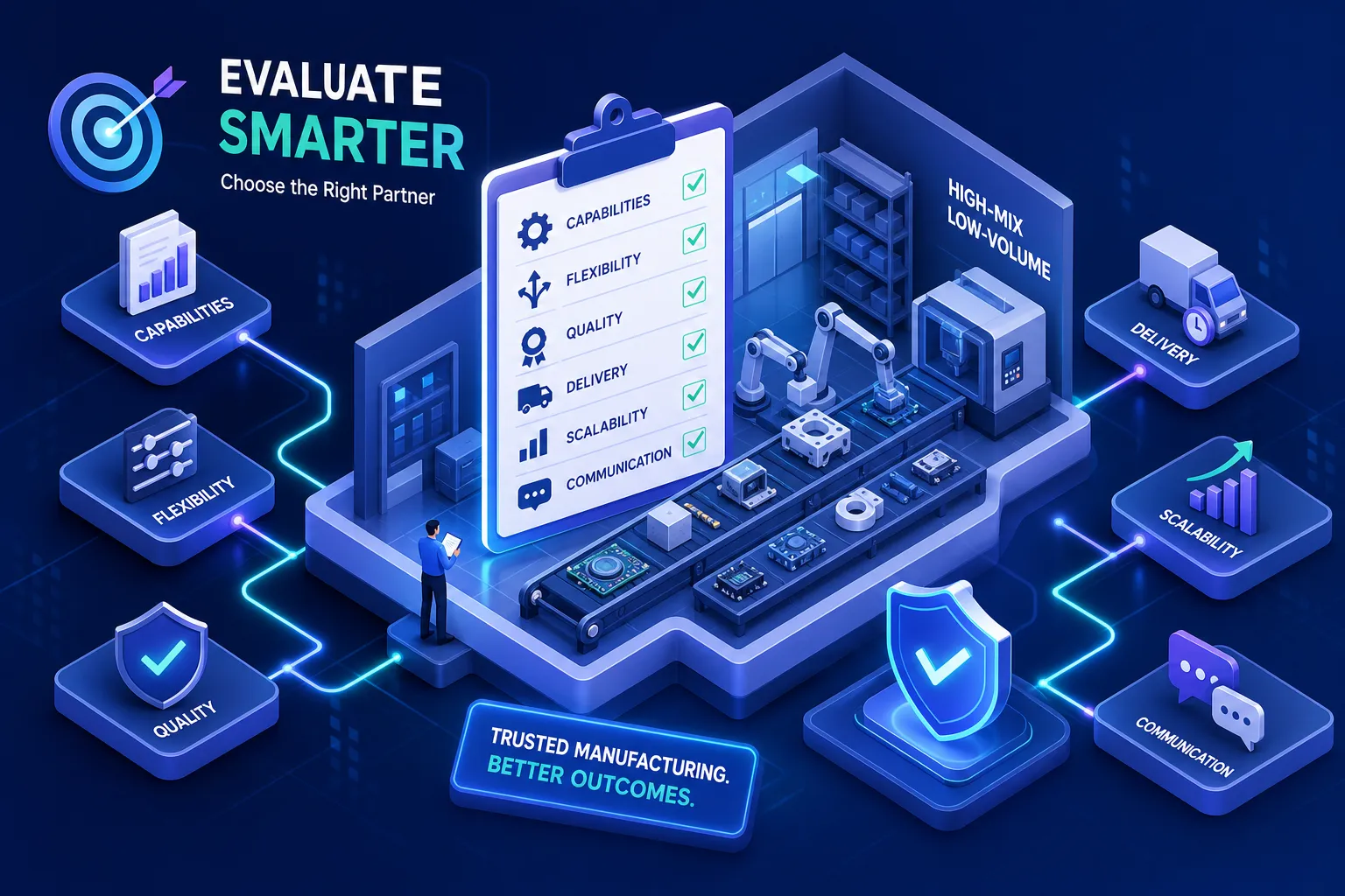 Illustration of a smart factory with a checklist of capabilities, flexibility, quality, delivery, scalability, and communication, depicting how to evaluate manufacturing partners for better outcomes.