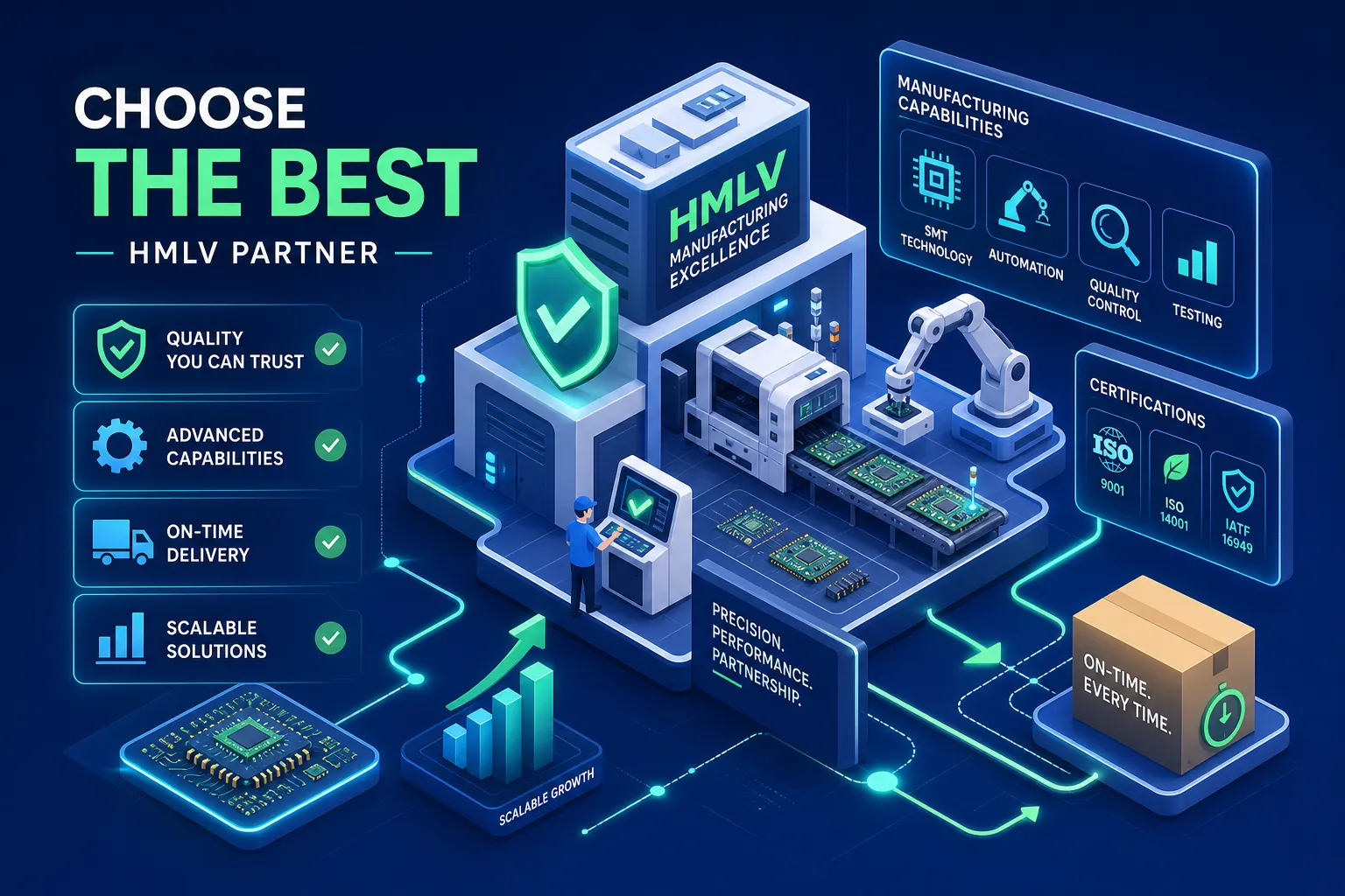 Isometric graphic showing a high-tech manufacturing facility, robotic arm, certifications, and checklists highlighting quality, scalability, on-time delivery, and advanced capabilities, with the headline “Choose the Best HMLV Partner.”.