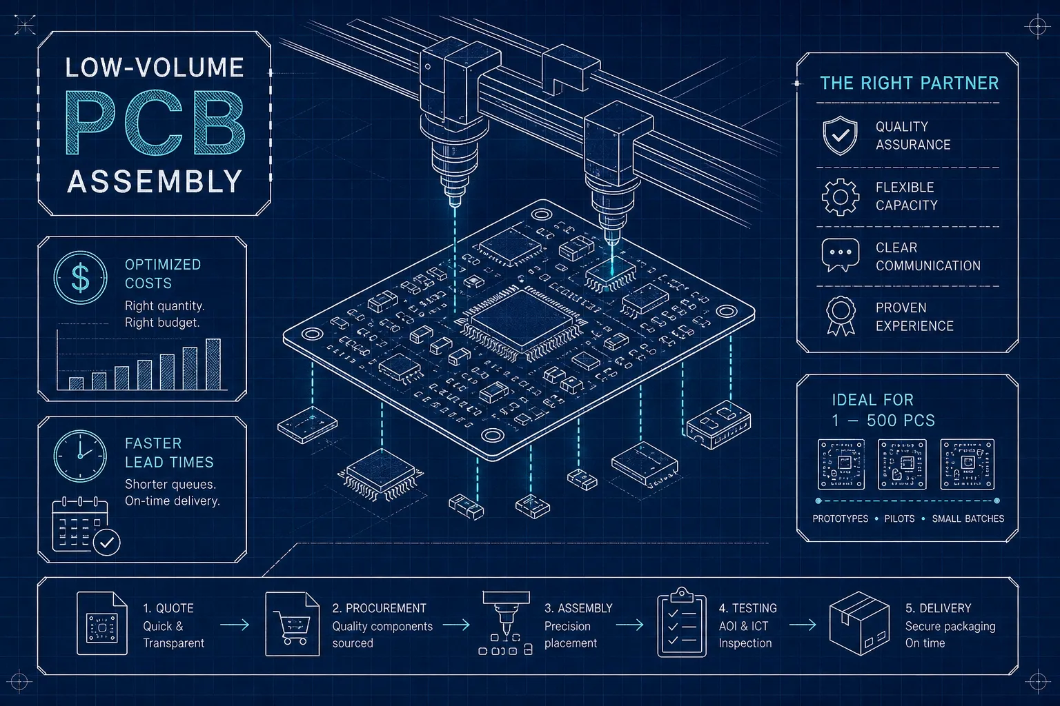 Blueprint-style infographic showing a PCB (printed circuit board) assembly process with robotic arms, icons for steps like quoting, procurement, assembly, and testing, and highlights for cost, lead time, flexibility, and quality.