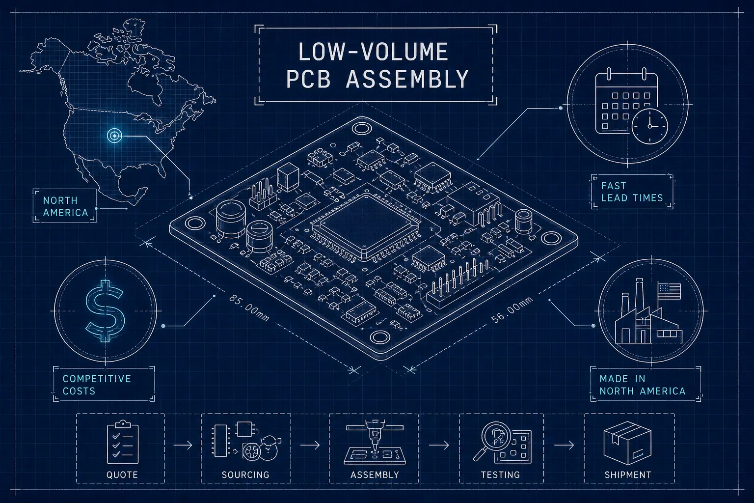 Blueprint-style infographic showing a detailed PCB with icons and text highlighting low-volume assembly, North American manufacturing, fast lead times, competitive costs, and a process flow: quote, sourcing, assembly, testing, and shipment.