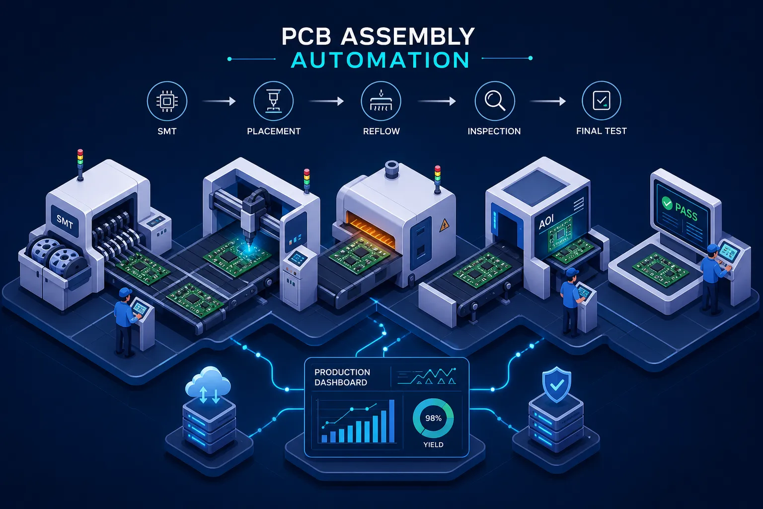Illustration of PCB assembly automation with labeled stages: SMT, Placement, Reflow, Inspection, Final Test. Workers monitor machines and a digital dashboard displays yield and data in a connected factory setting.