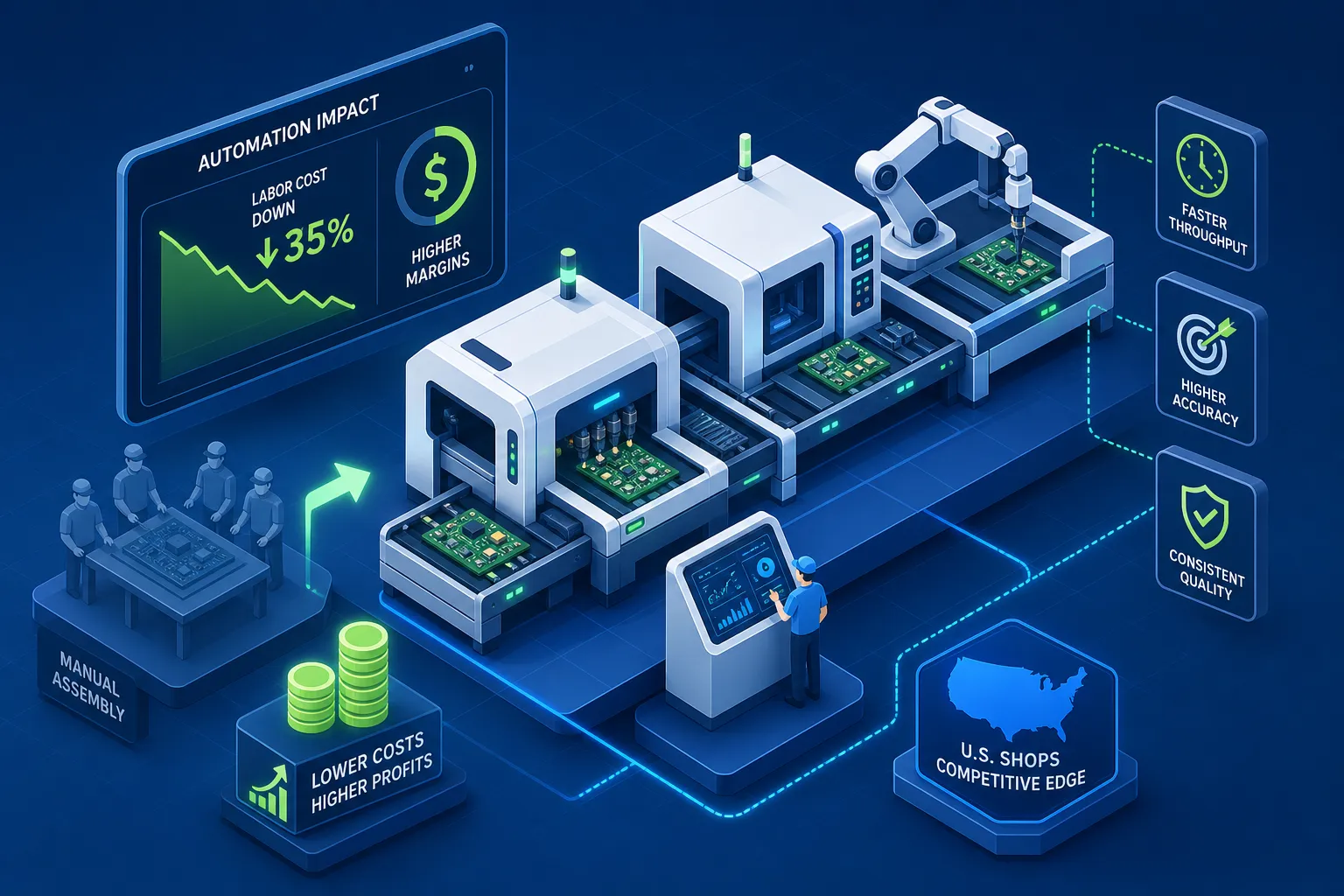 A comparison of manual assembly vs. an automated manufacturing line with robots, showing reduced labor costs, higher profits, better accuracy, faster production, and a map indicating U.S. shops’ competitive edge.