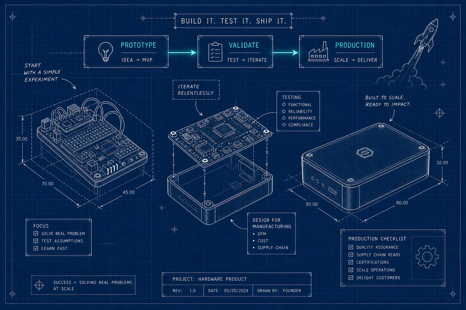 Blueprint diagram showing three stages of hardware product development: prototype, validation, and production. Includes sketches of circuit boards, a production box, flow diagrams, and checklists with white text and lines on a blue background.