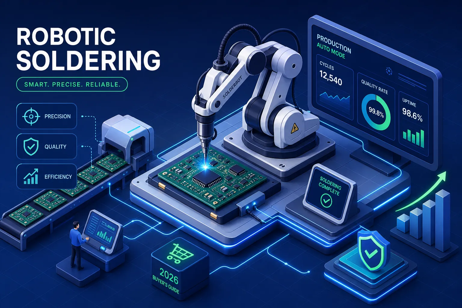 A robotic arm solders a microchip on a circuit board. Screens show production stats, quality rate, and uptime. Icons highlight precision, safety, and efficiency in a modern, automated factory setting.