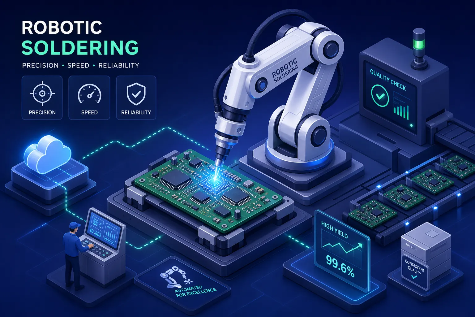 A robotic arm solders a green circuit board, surrounded by digital interfaces showing stats like precision, speed, reliability, and high yield. A person monitors data on a screen. The scene highlights automated, high-tech soldering.