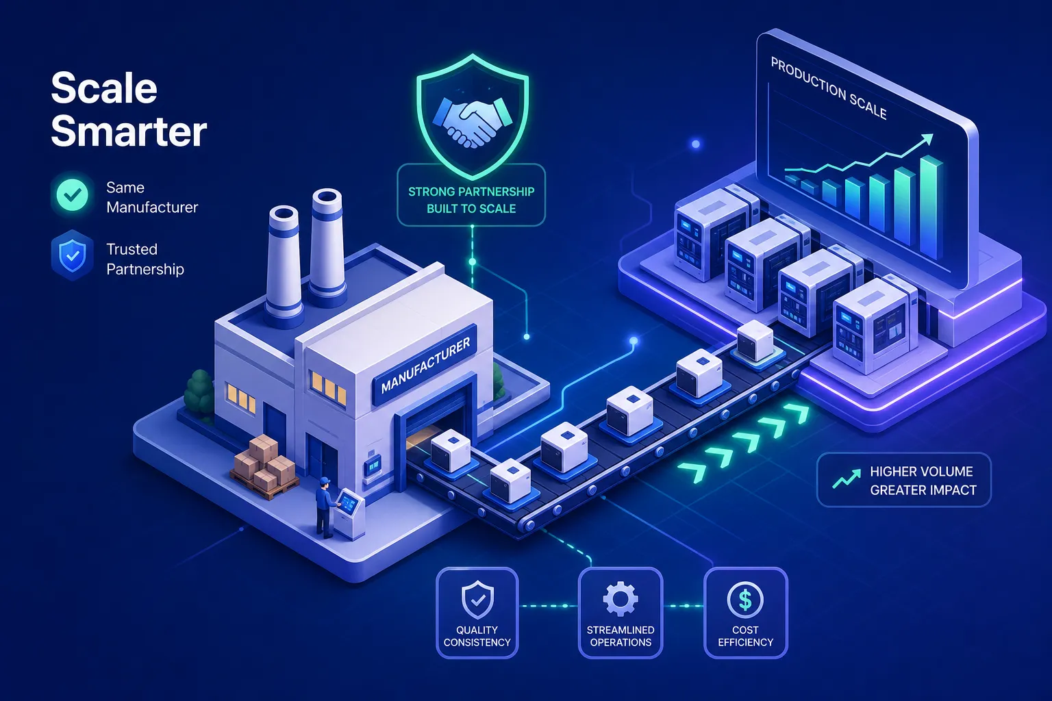 Isometric illustration of a factory with a conveyor belt, boxes, chart showing growth, and icons for quality, efficiency, and partnership benefits. Text reads Scale Smarter with related business keywords and graphics.